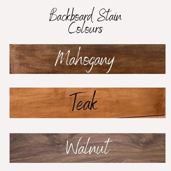 Colour stain chart for backboard of Dog Butt Leash Holders showing Mahogany, Teak and Walnut stain colours