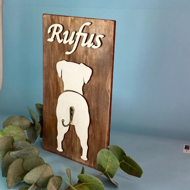 Timber stained Dog Butt Dog Leash Holder with custom dog name and breed silhouette 