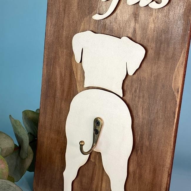 Timber Dog Leash Holder with custom name and dog breed silhouette.