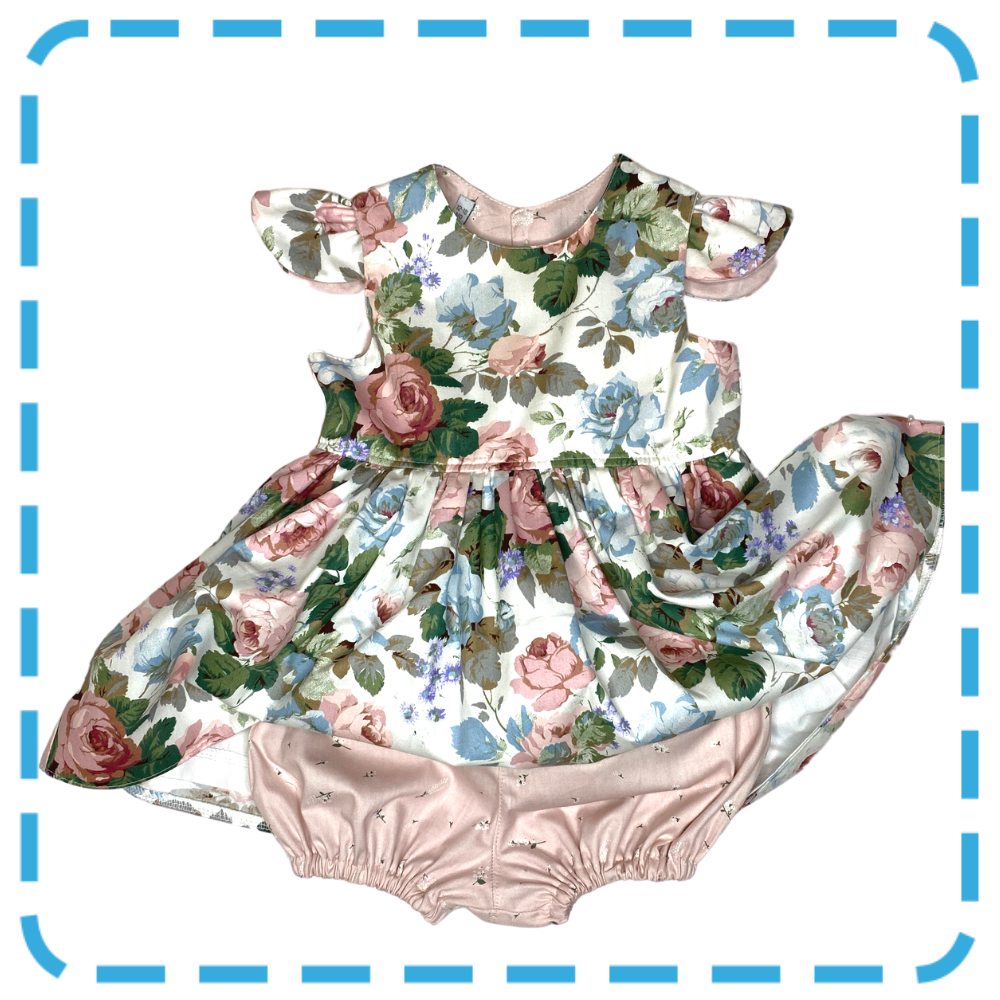 Bubs & Bobbins Amelia 4 in 1  baby and toddler dress in Dusky Rose print showing detachable flutters and bloomers