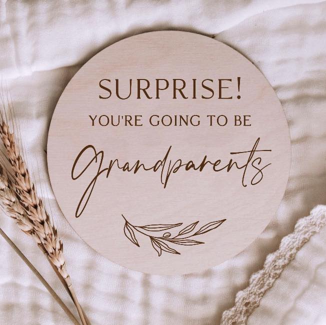 This is a Baby Announcement Disc saying Surprise you're going to be Grandparents