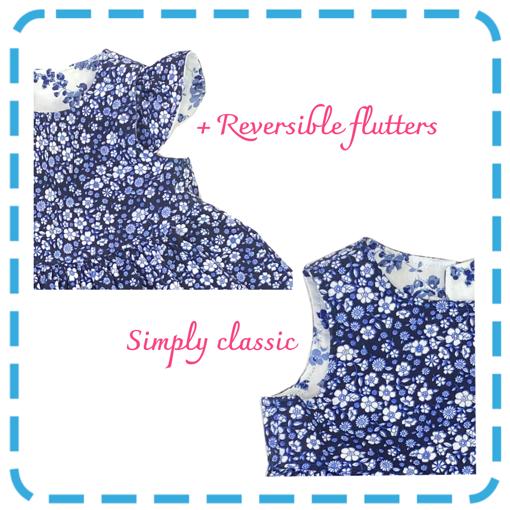 Amelia 4 in 1 baby and toddler dress -Indigo Floral sleeve options view from Bubs & Bobbins