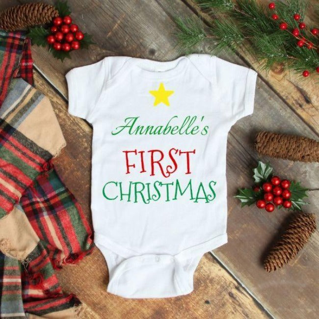 Personalised First Christmas baby onesie by Bubs and Bobbins