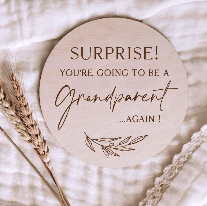 This is a Baby Announcement Disc saying Surprise you're going to be Grandparents again!
