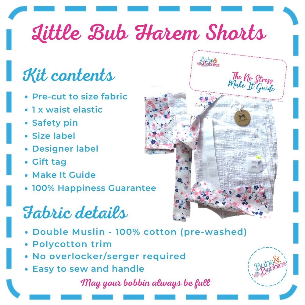 Harem Shorts - Chambray Blue Double Muslin + pink and blue trim