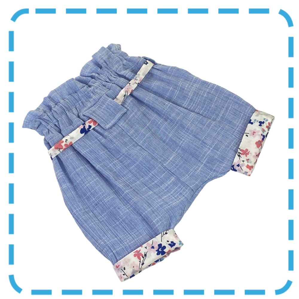 Harem Shorts - Chambray Blue Double Muslin + pink and blue trim