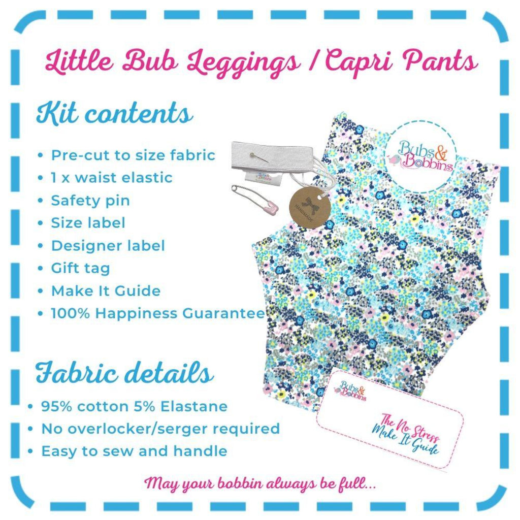 Little Bub Leggings Ready to SEW Kit with cut out fabric pieces, notions and list of Kit contents.