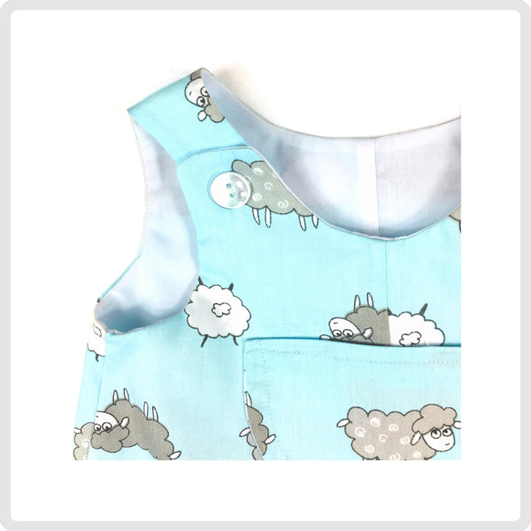 Little Bub Romper - Blue Sheepie - Bubs & Bobbins Ready to SEW Kits - button detail