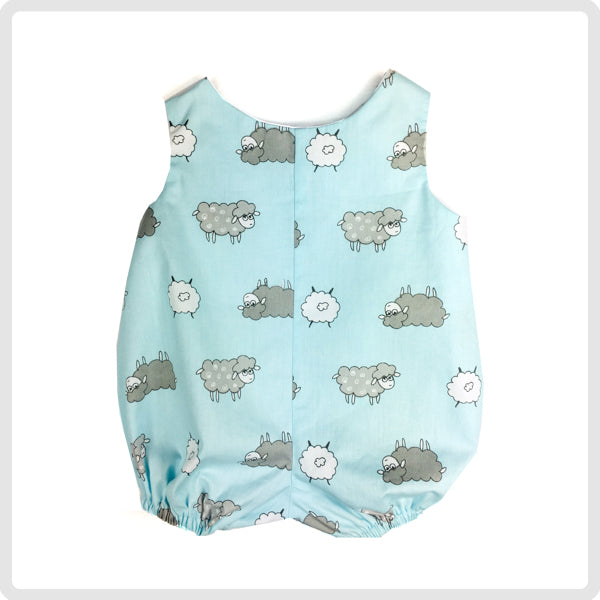 Little Bub Romper - Blue Sheepie  =- Back of Garment -- Bubs & Bobbins Ready to SEW Kits