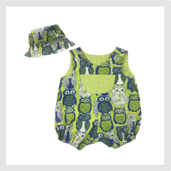 Ready to sew Little Bub Romper - Country Green Owl plus sunhat