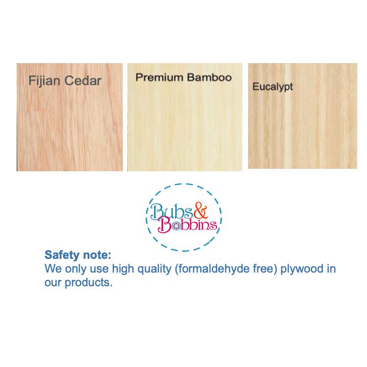 Three sample plywood choices of Fijian Cedar, Premium Bamboo and Eucalypt.. Safety not stating all are formaldehyde-free high quality plywoods.