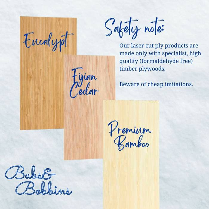Thiss shows 3 colours of plywood available, eucalypt, Fijian Cedar and Premium Bamboo with a safety note about the plywood being formaldehyde free from Bubs and Bobbins