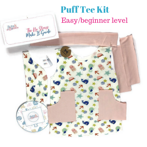 Ready to SEW Kit: Puff Sleeve Tee - Seaside Bubs with Peachy Pink Trim