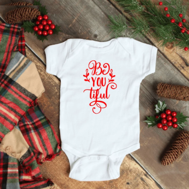 Christmas Baby Onesie by Bubs and Bobbins with Be-You-tiful transfer in red