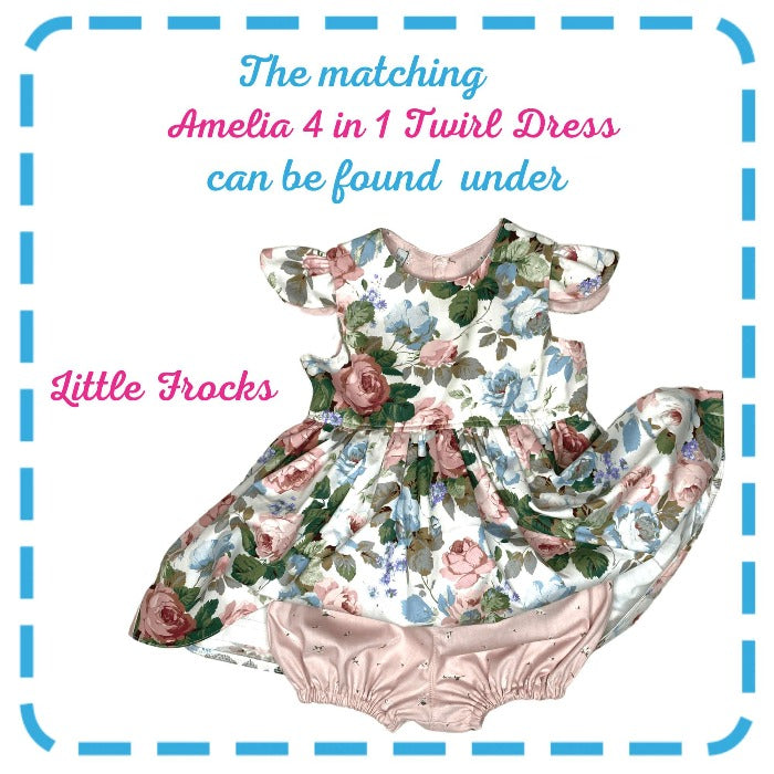 Example of Twirl Dress that matches  Little Bub Bloomers in Dusky Pink Rosebud from the Little Bottoms Collection of Bubs & Bobbins Ready to SEW Kits
