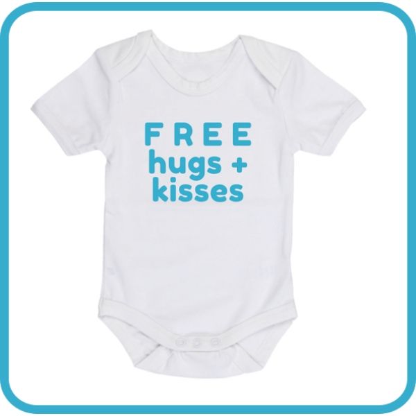 Ready to WEAR: Funny Onesie - Pure White with Blue Free Hugs + Kisses