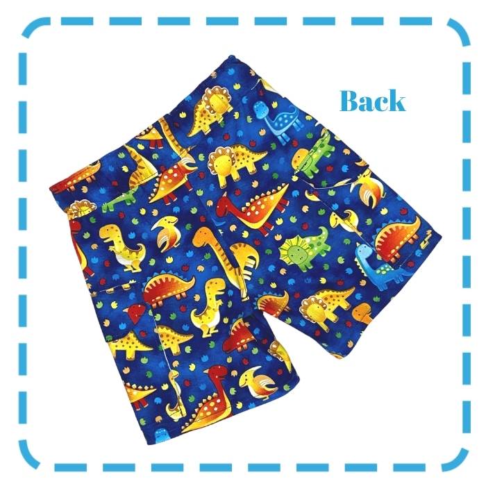 This shows the back of the Dinosaur Cargo Shorts by Bubs and Bobbins available in a ready to SEW kit and the option of ready to wear.