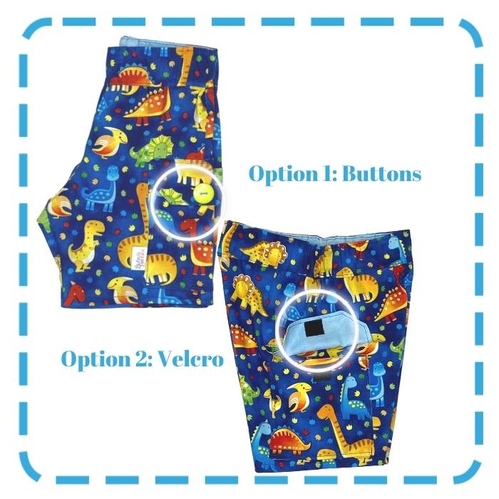 Side view of Dinosaur Cargo Shorts by Bubs and Bobbins indicating the choice of velcro or buttons at the pocket flaps.  The customer chooses which option they prefer.